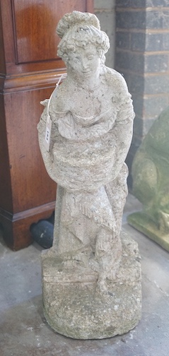 A reconstituted stone garden ornament of a lady with a basket of flowers, height 72cm